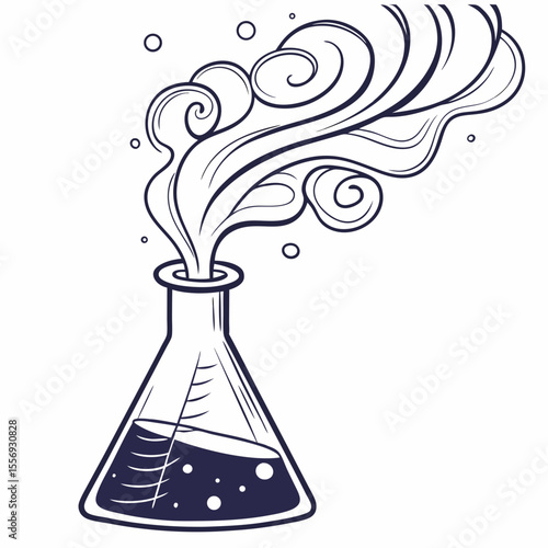 Dark blue flask emitting swirling vapor and bubbles science laboratory