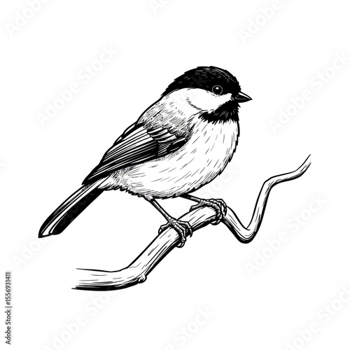 Illustration of a chickadee perched on a branch art silhouette