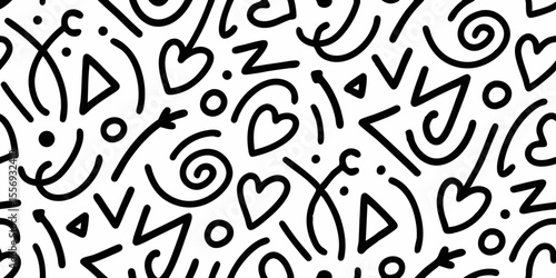 Abstract black and white doodle pattern with hearts swirls and geometric shapes