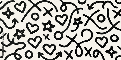 Playful black and white hand drawn hearts stars circles and xs pattern