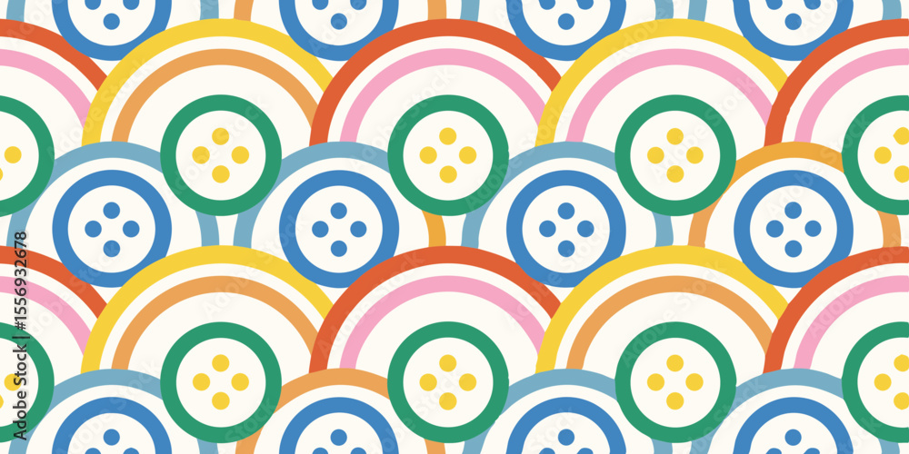 Fototapeta premium Colorful seamless pattern with abstract rainbows and buttons in a playful design
