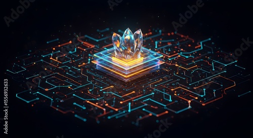 A glowing crystal crown symbolizes digital sovereignty atop a futuristic AI processor core. An intricate network of circuits represents big data and innovation.