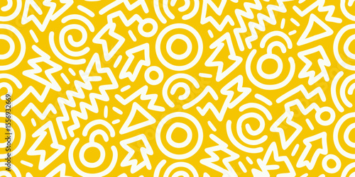 Retro memphis style pattern with white lightning bolts circles and triangles on yellow