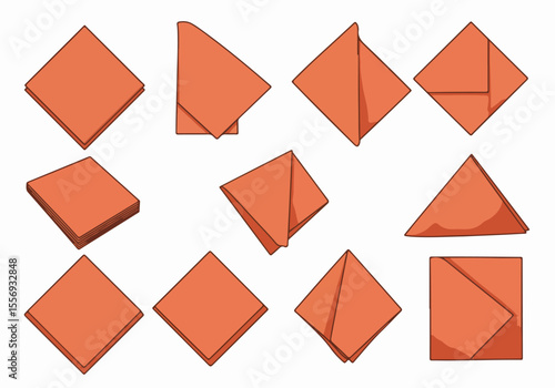 Illustration of steps showing how to fold an orange square of paper or cloth into various shapes, like a tutorial or diagram for craft and origami.