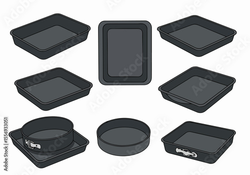 Set of various dark gray empty baking pans and trays in different shapes and angles, isolated on a white background.