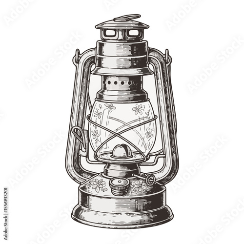 Vintage oil lantern with intricate details on white background  