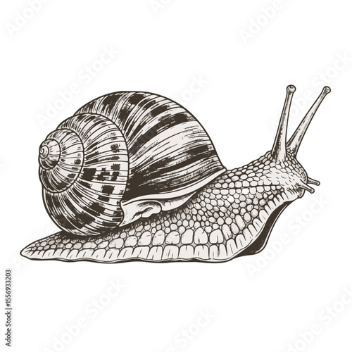 Snail with intricate shell design on white background  