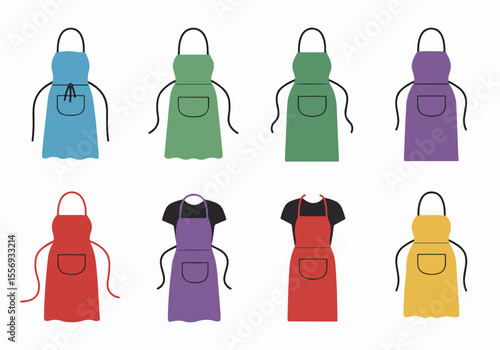 Collection of colorful aprons illustration set, kitchen and workwear protection garments in different colors on a white background.