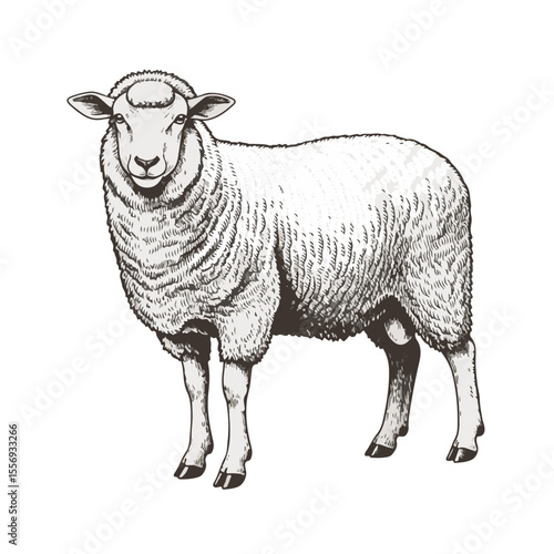 Illustration of a standing sheep with fluffy wool on white background  
