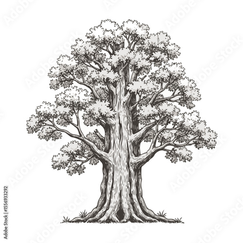 Detailed sketch of an oak tree with lush foliage and strong trunk  