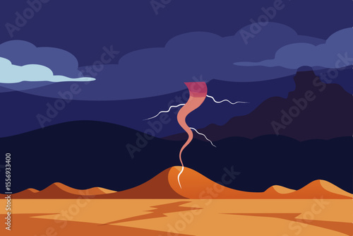 Desert Storm Dramatic Night Landscape with Twisting Vortex and Lightning