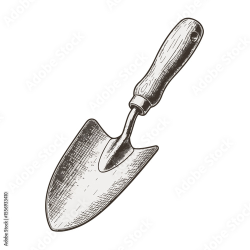 Gardening trowel with wooden handle in vintage sketch style  