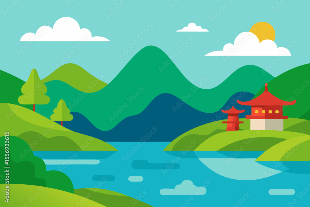 Fototapeta premium Mountain landscape vector illustration with green hills and blue sky
