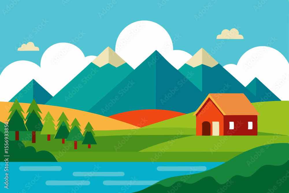 Fototapeta premium Serene Mountain Landscape Picturesque Farm House by the Lake