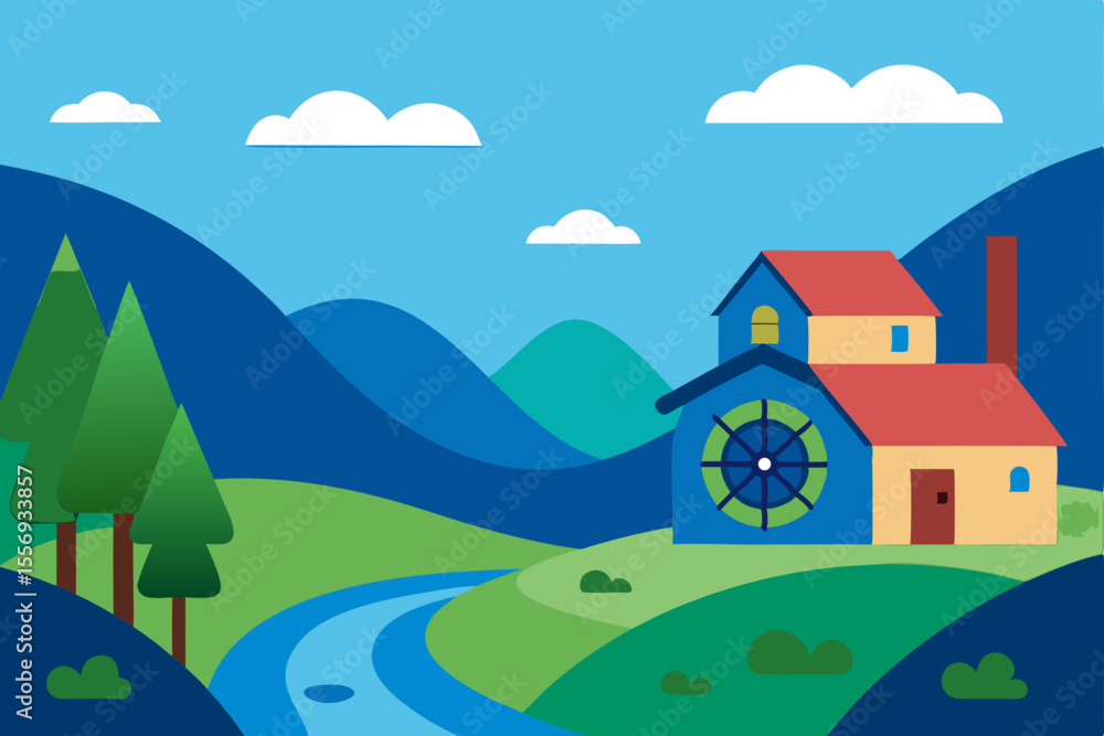 Naklejka premium Serene Mountain Village Idyllic Landscape with Watermill