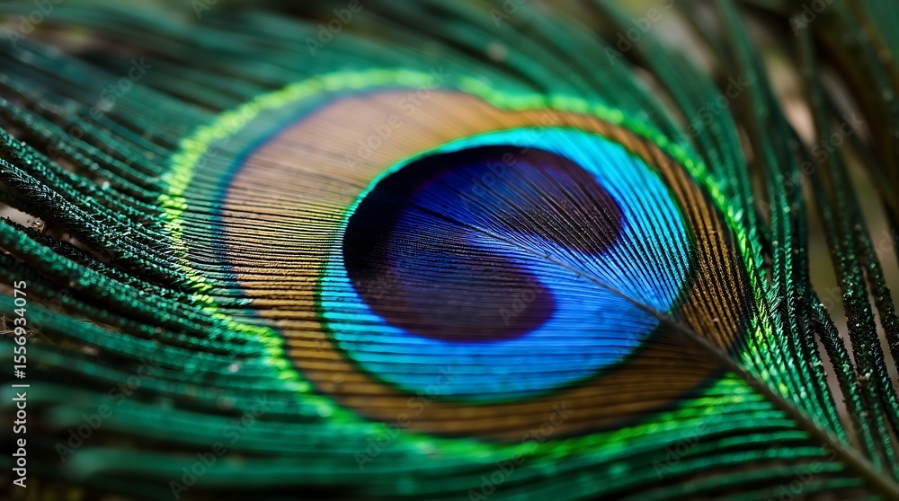 Naklejka premium A close-up photograph of a peacock feather, with its vibrant blue and green eye pattern