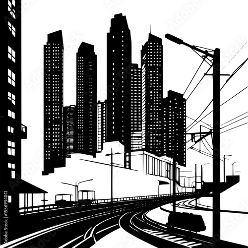 Silhouette of modern apartments and metro rail track