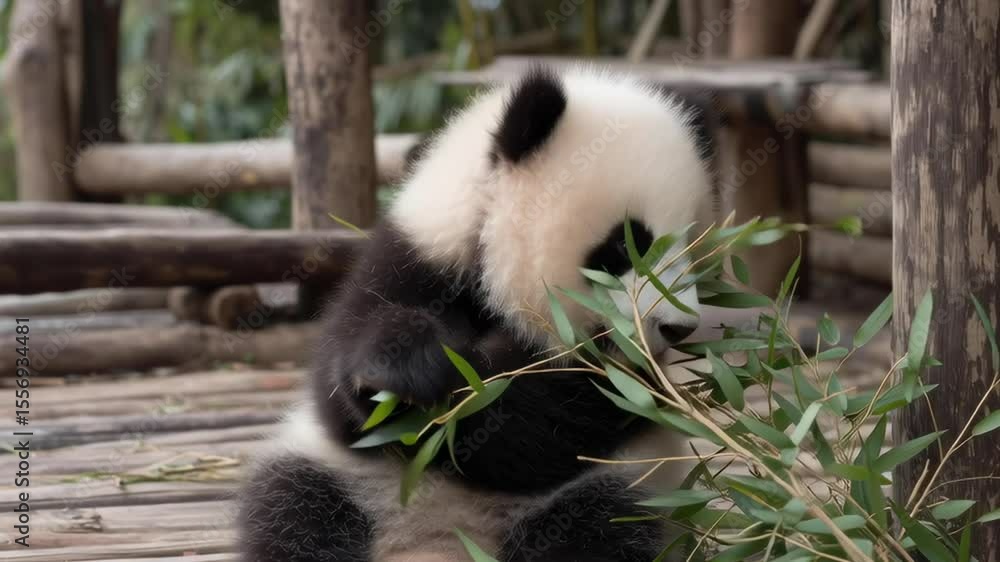 A baby panda is sitting on a wooden platform and eating some bamboo. The baby is adorable and cute A baby panda is sitting on a wooden platform and eating some bamboo. The baby is adorable and cute