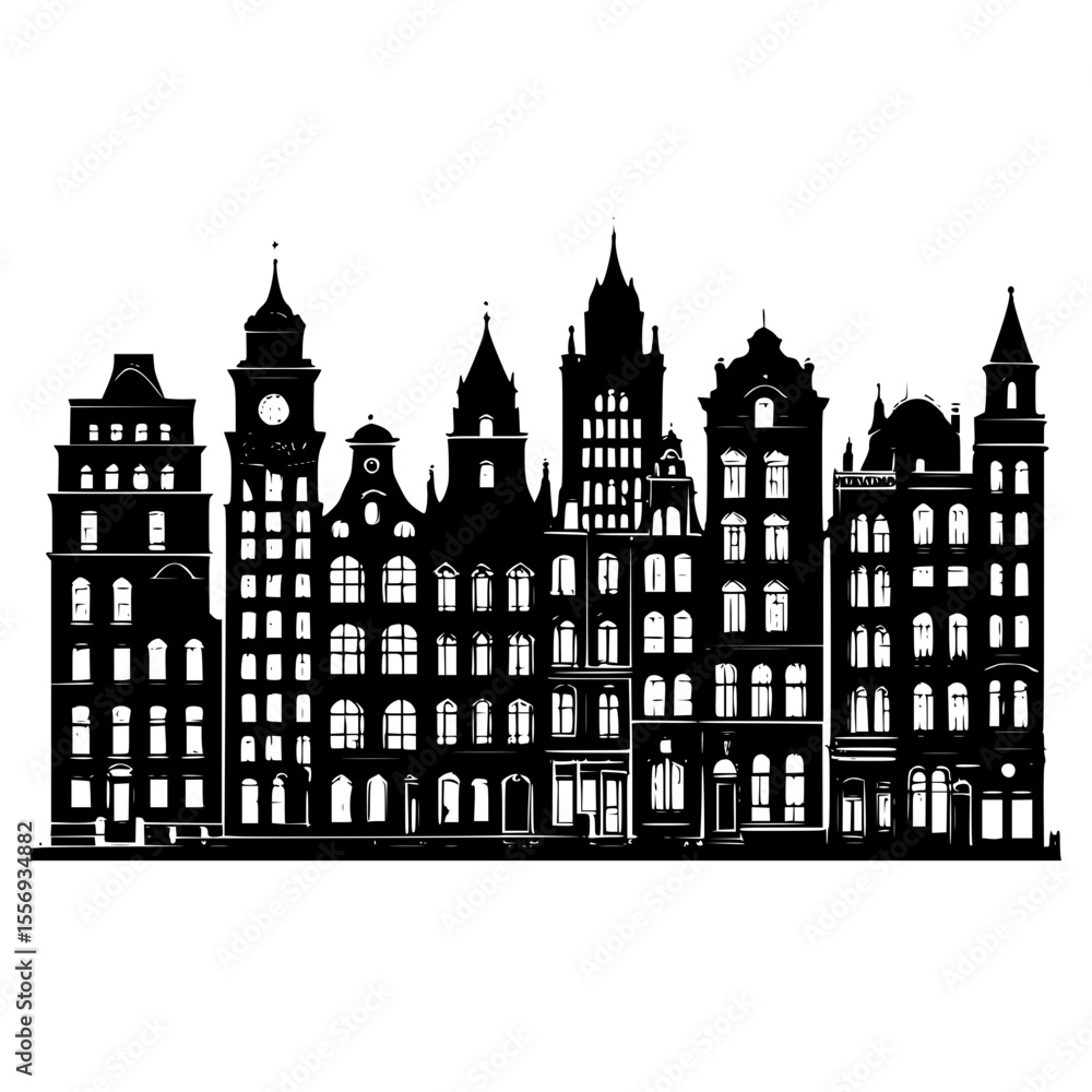Fototapeta premium Vintage cityscape silhouette with retro style houses