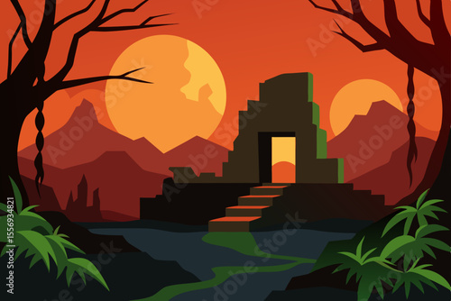 Mysterious Ancient Ruins at Sunset A Fantasy Landscape Illustration