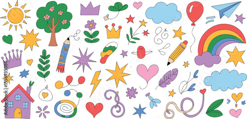 Colorful Hand-Drawn Doodle Vector Set: Sun, Tree, Crown, Rainbow, Heart, and More for Design Projects, Isolated on Transparent Background, Playful and Whimsical