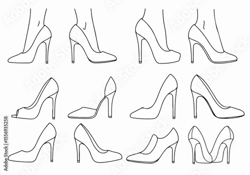 Line art collection of various high-heeled shoes and legs, showcasing different styles from pumps to peeptoes and stilettos, isolated on white.