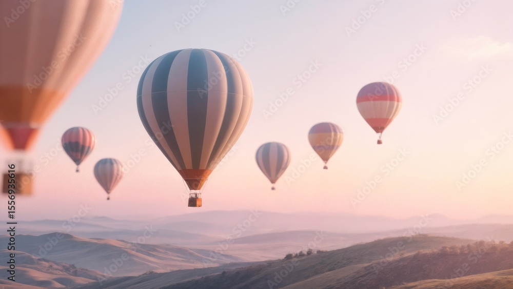 Fototapeta premium Serene Hot Air Balloons at Sunrise, Dreamy Travel, Escape, Tranquility. Ideal for luxury travel, romantic getaways, inspirational content