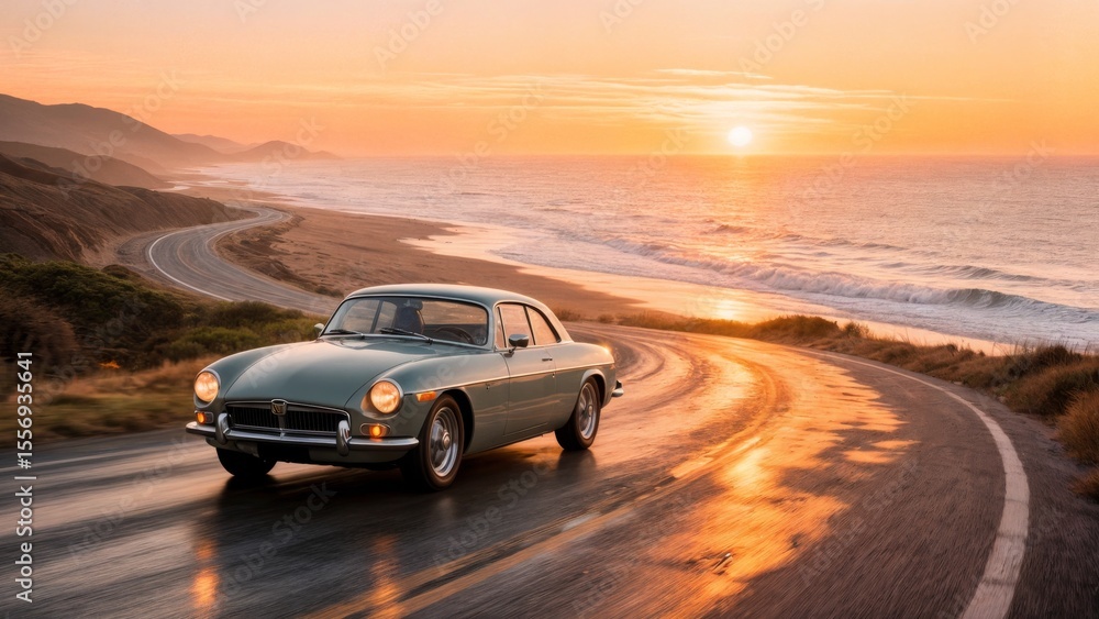 Fototapeta premium Coastal Road Trip, Freedom, Open Road, Scenic Drive. Great for automotive brands, travel agencies, adventure seeking