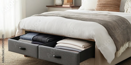 Under-bed storage drawers neatly organize folded clothes in a modern bedroom with neutral tones and soft natural light.