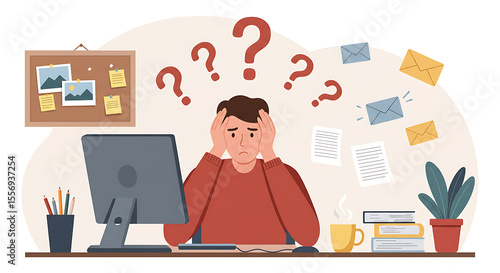 A stressed employee holds his head in frustration, showing remote work burnout. This flat vector uses icons to visualize pressure and mental fatigue. Set for remote work burnout, Remote work stress