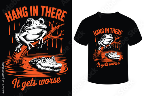 Humorous frog precariously clinging to a tree branch above a lurking alligator in the water with a motivational yet ironic message