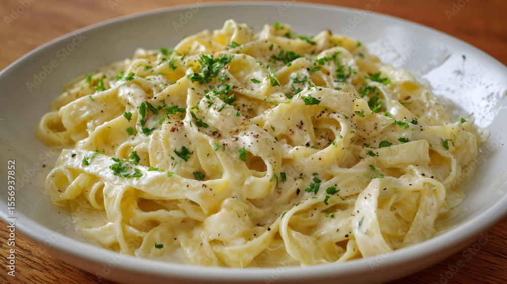 Traditional Fettuccine Alfredo Served on White Plate with Fresh Herbs and Black Pepper Garnish Traditional Fettuccine Alfredo Served on White Plate with Fresh Herbs and Black Pepper Garnish