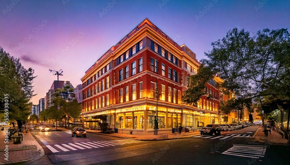 Fototapeta premium Downtown corner hotel with fire escape and city street