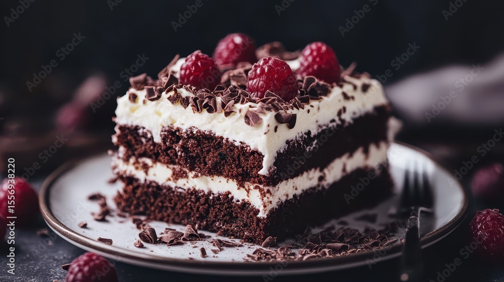 Delicious Chocolate Cake Slice Decorated with Raspberries and Chocolate Delicious Chocolate Cake Slice Decorated with Raspberries and Chocolate