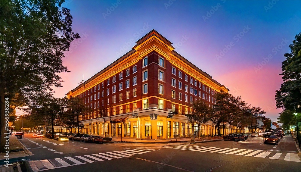 Naklejka premium Downtown corner hotel with fire escape and city street