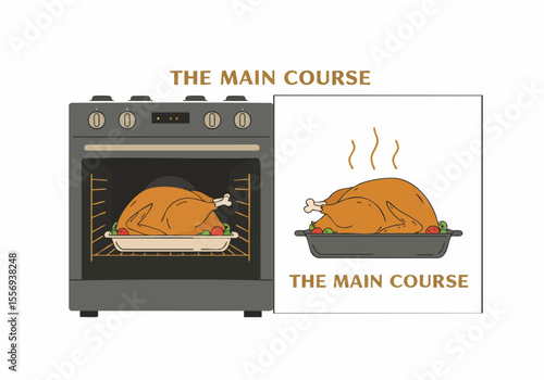 Cartoon illustration showing a roasted turkey or chicken baking in an oven and steaming on a plate, representing the main course for a holiday meal.