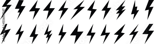 Collection of black lightning bolt icons and symbols on a white background representing energy and power