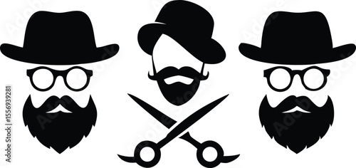 Three stylish gentlemen silhouettes with hats glasses mustaches and beards isolated on transparent background silhouette