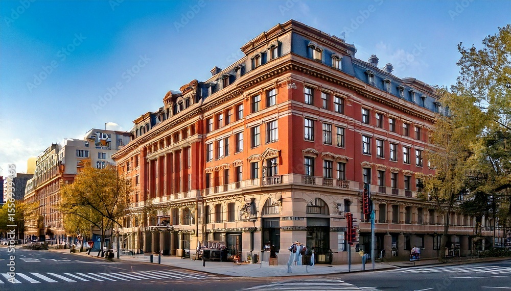 Naklejka premium Downtown corner hotel with fire escape and city street