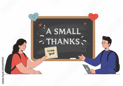 Students Expressing Gratitude with "Thank You" Message on Blackboard Illustration
