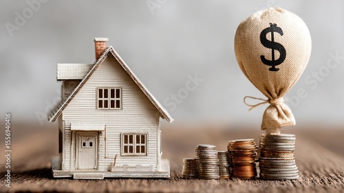  Miniature house and dollar sign balloons on a wooden desk with white background. Conceptual image of real estate investment and financial planning.