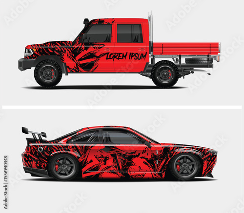 Red and Black Custom Vehicle Designs A Pickup Truck and a Sports Car