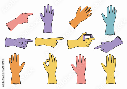 Colorful cleaning gloves illustration set showing various hand gestures and tasks.