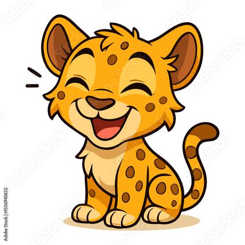 Cartoon leopard mascot illustrations cub sits smiling happily with closed eyes