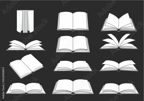 Set of various open books vector illustrations representing education, reading, knowledge, and learning concepts on a dark background.