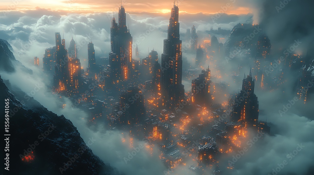 Obraz premium Fantastic cityscape in mist