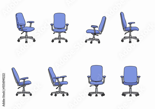 Cartoon illustration showing multiple views and angles of a blue office swivel chair with armrests and wheels on a white background.