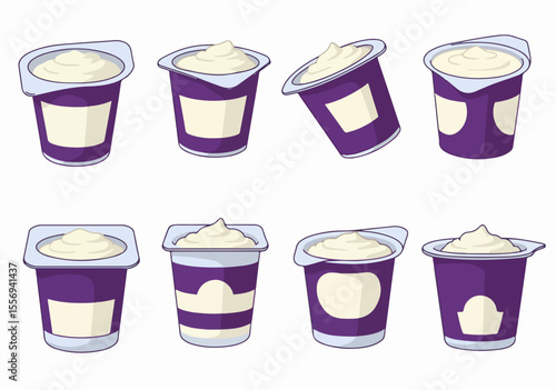 Cartoon Illustration Set of Various Purple Yogurt Cups with White Yogurt Isolated on White Background