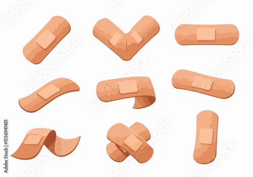 Set of different adhesive bandages or plasters cartoon illustration on a white background, symbolizing first aid and injury care.