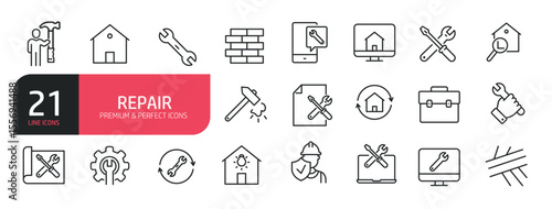 Set of line icons related to house, repair, screwdriver, engineer, support, setup. Outline icons collection. Editable stroke. Vector illustration.